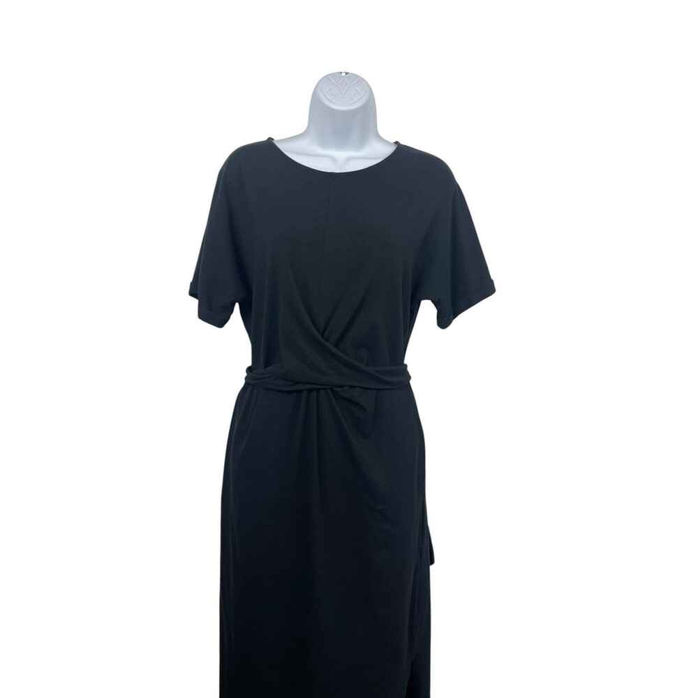 Women’s Black Dress Midi Short Sleeve Tie Waist Side Slit XS Minimalist - Picture 2 of 13